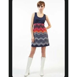 Anthropologie Tabitha Navy Blue Chevron Zig Zag Pocket Fit Flare Dress Size 10